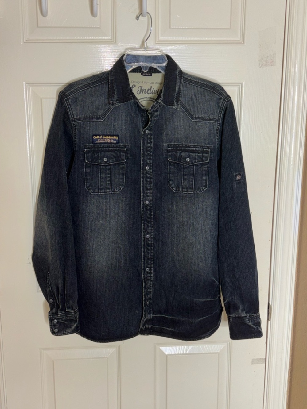 Cult of Individuality Western Pearl Snap Shirt Mens Blue Distressed Denim Large - Picture 12 of 12